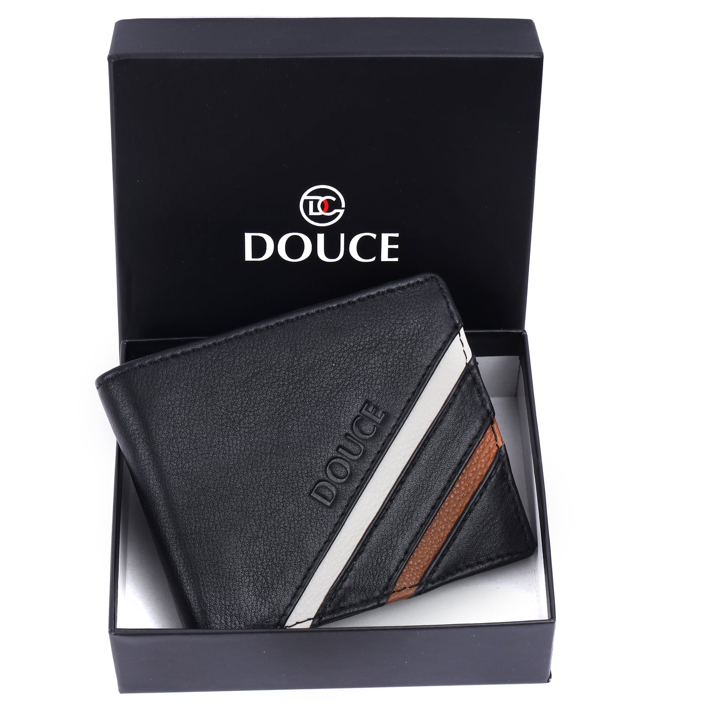 DOUCE Men's RFID Genuine Leather Wallet – Black with Tan & White Accents