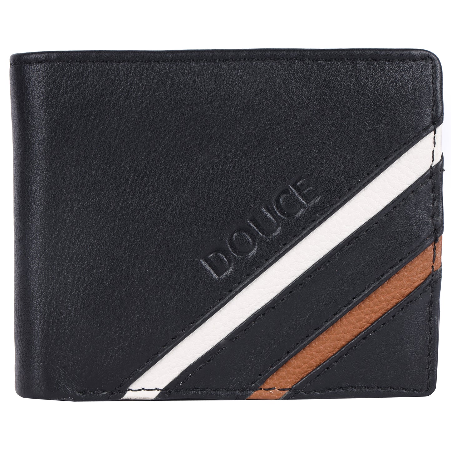 DOUCE Men's RFID Genuine Leather Wallet – Black with Tan & White Accents