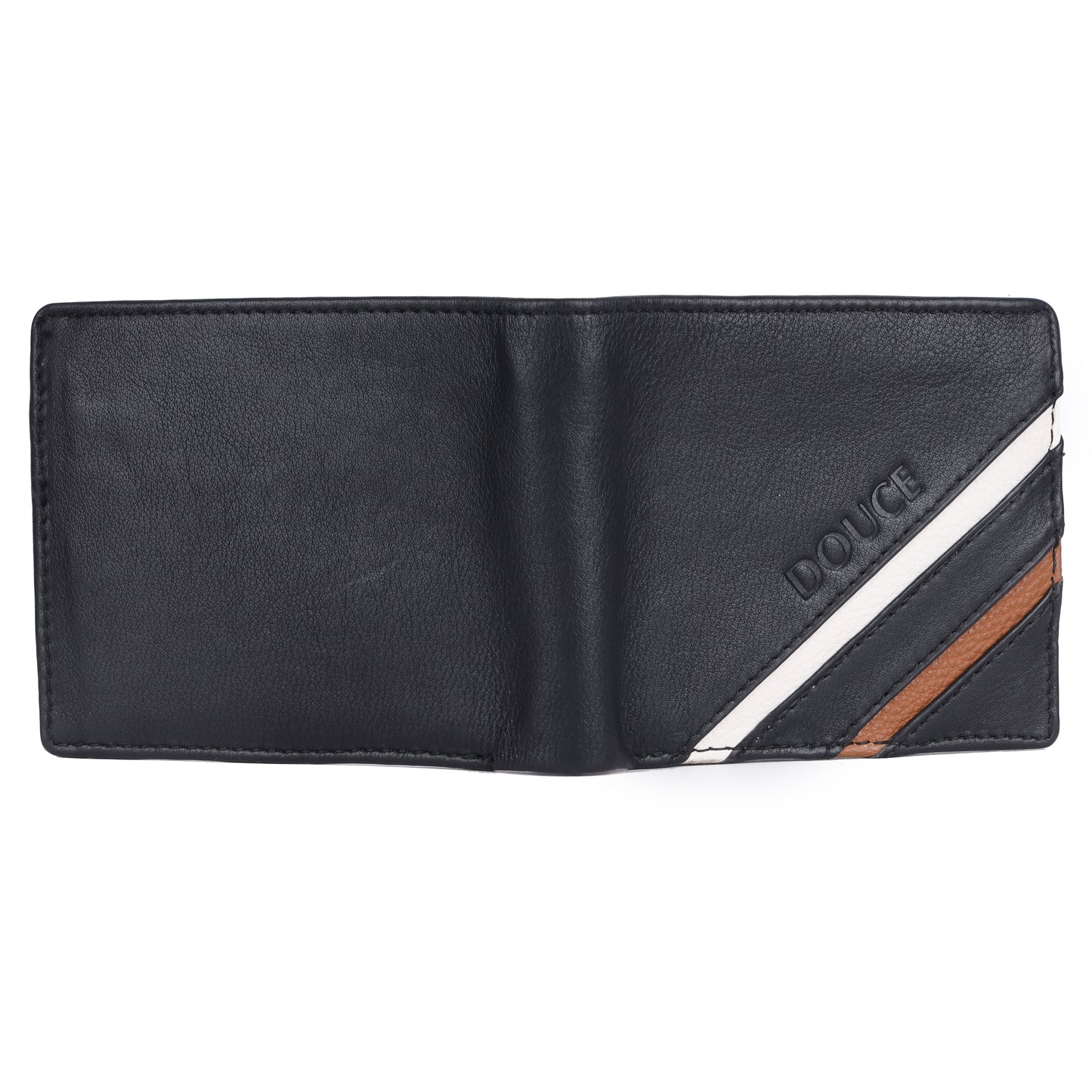 DOUCE Men's RFID Genuine Leather Wallet – Black with Tan & White Accents