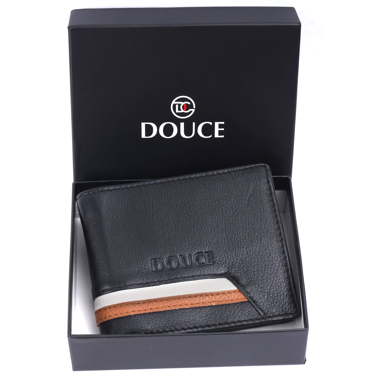 DOUCE Stripe Accent RFID Leather Wallet – Black & Tan Elegance