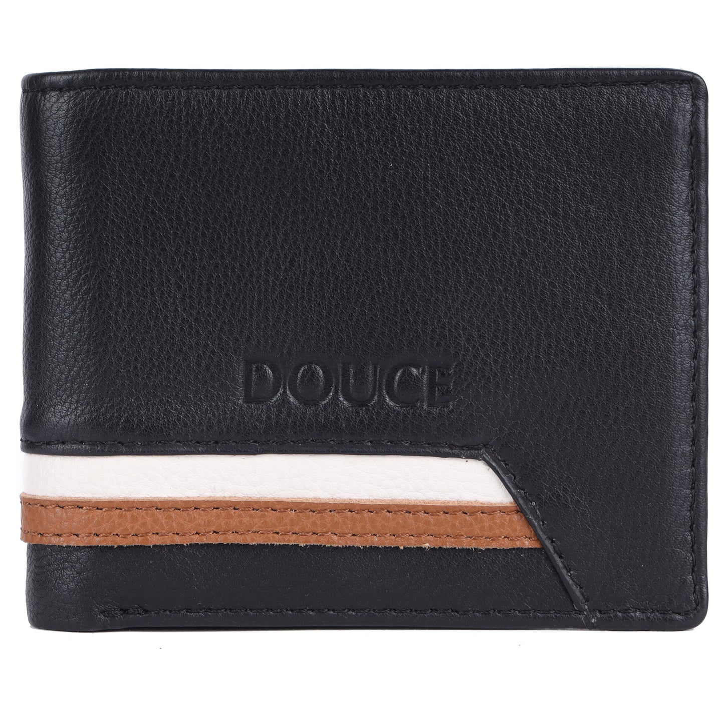 DOUCE Stripe Accent RFID Leather Wallet – Black & Tan Elegance