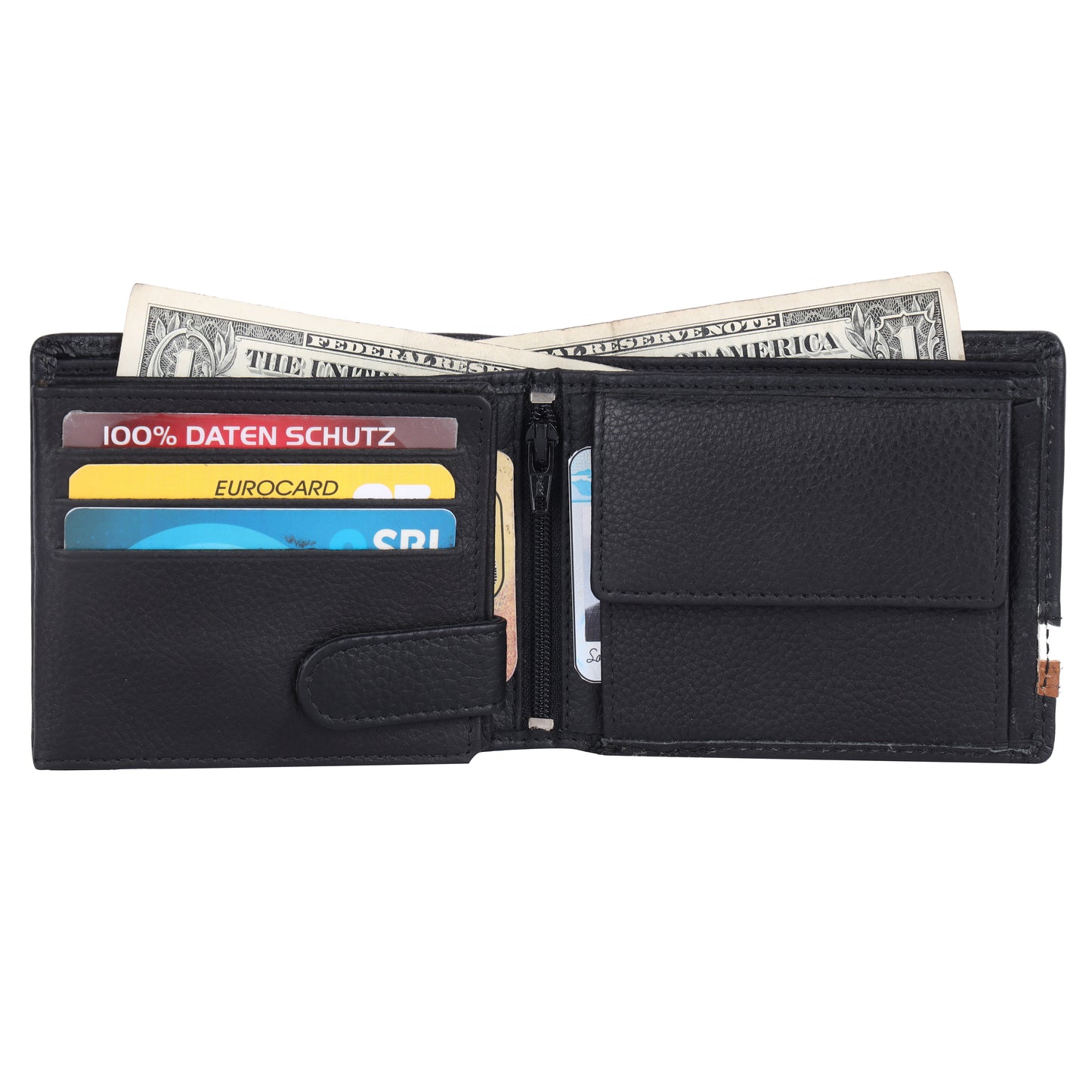 DOUCE Stripe Accent RFID Leather Wallet – Black & Tan Elegance