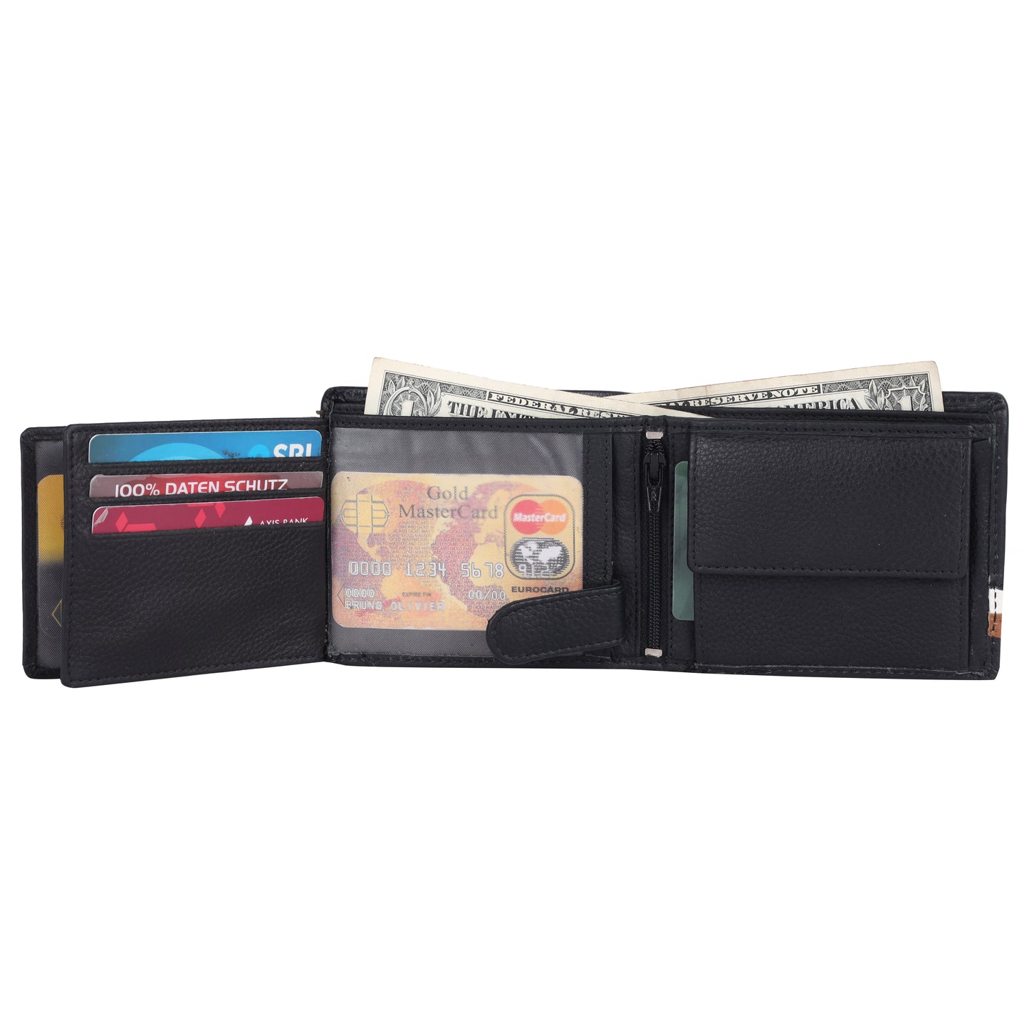 DOUCE Stripe Accent RFID Leather Wallet – Black & Tan Elegance