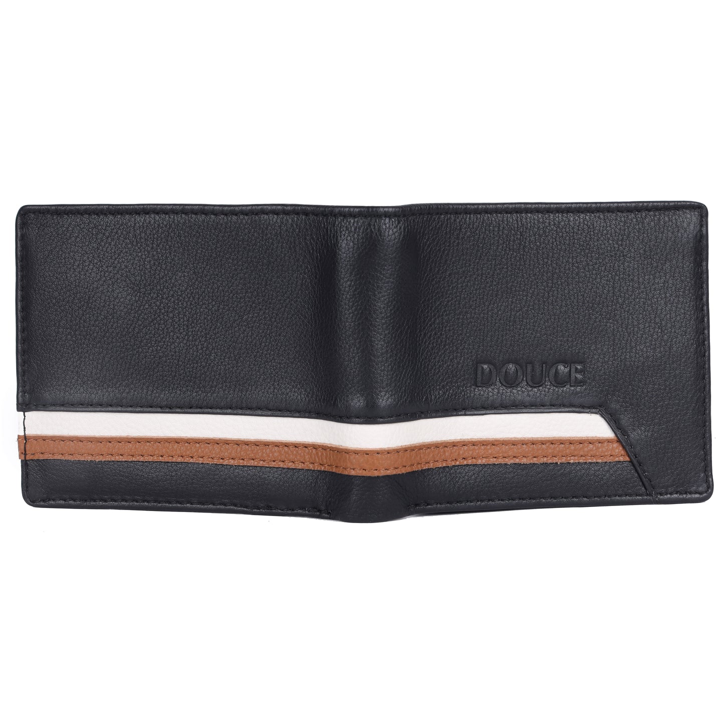 DOUCE Stripe Accent RFID Leather Wallet – Black & Tan Elegance