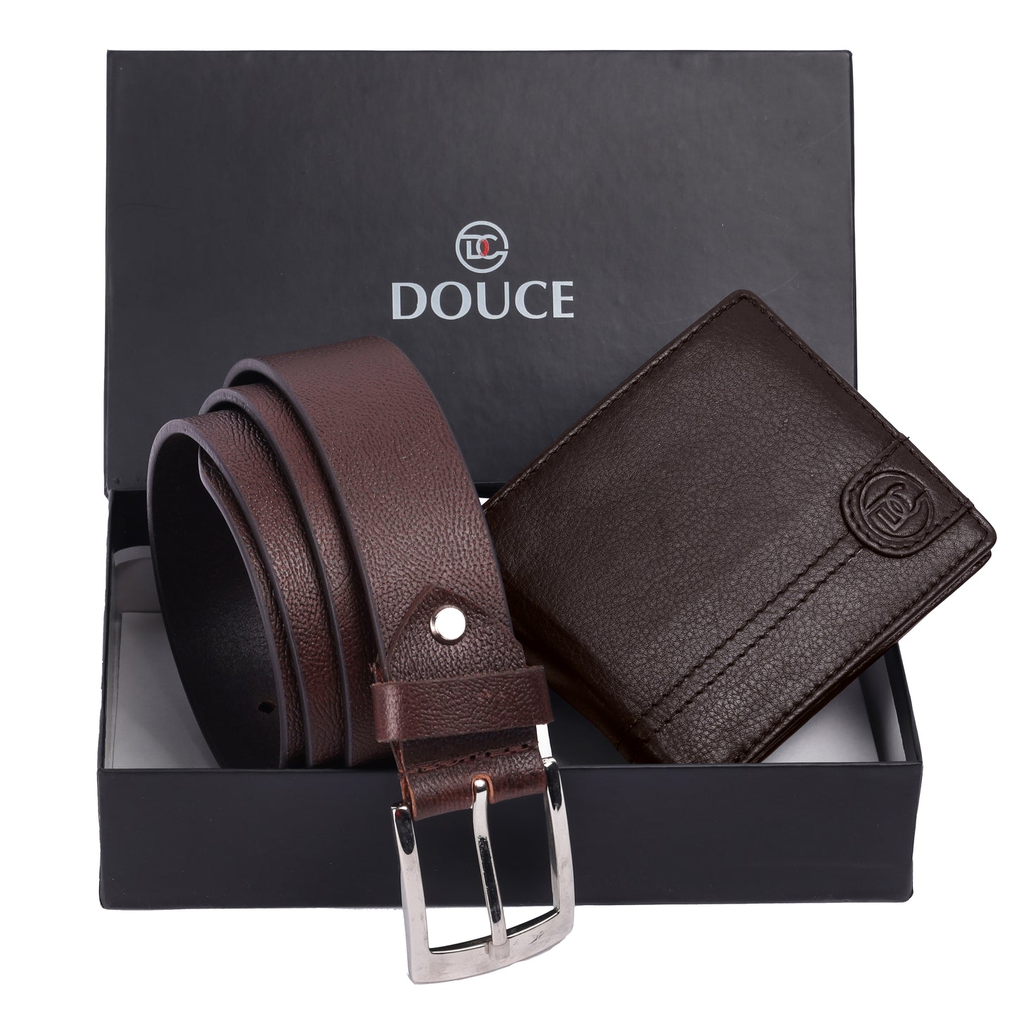 DOUCE Genuine Leather Belt & RFID Wallet Combo (Brandy Brown)