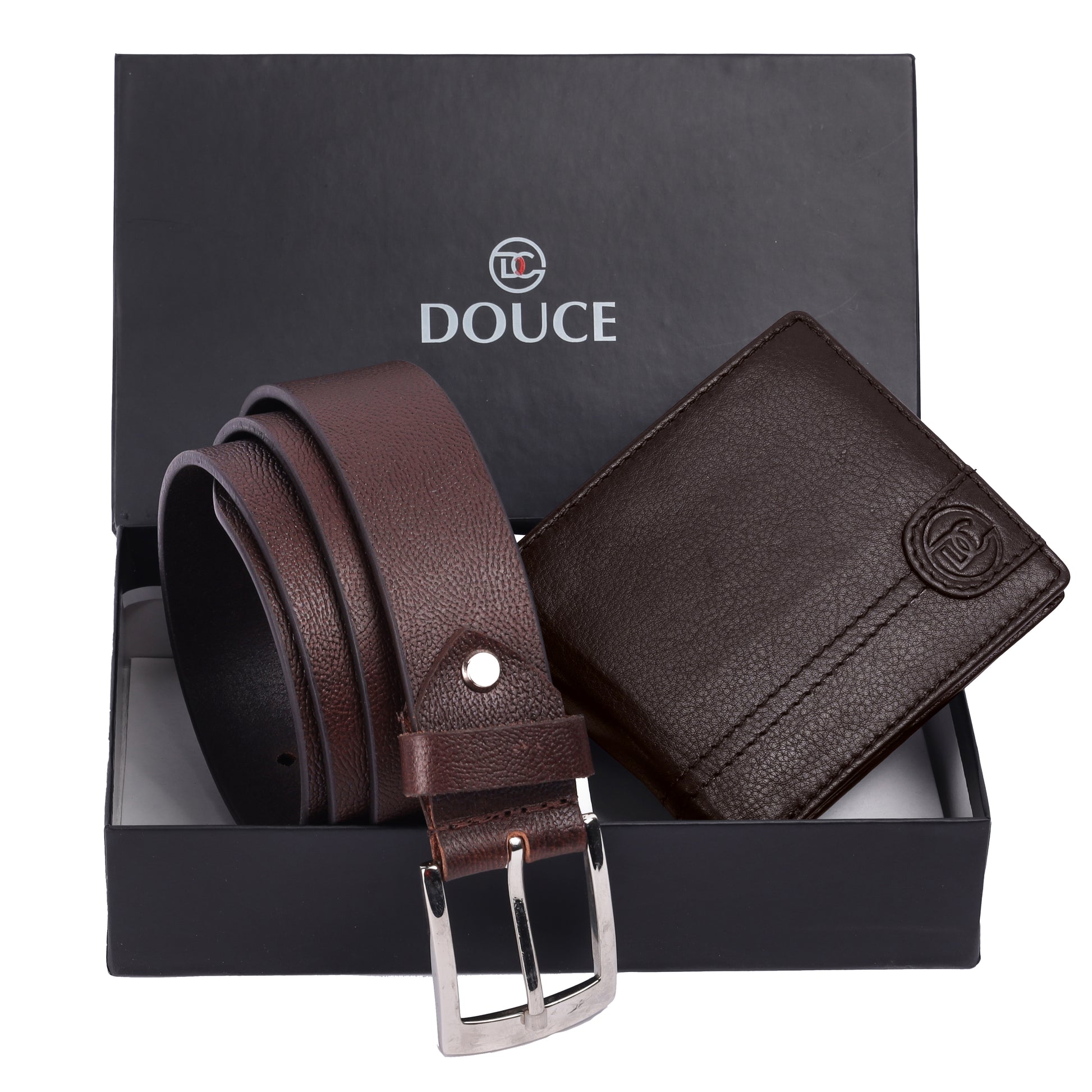 DOUCE Genuine Leather Belt & RFID Wallet Combo (Brandy Brown)
