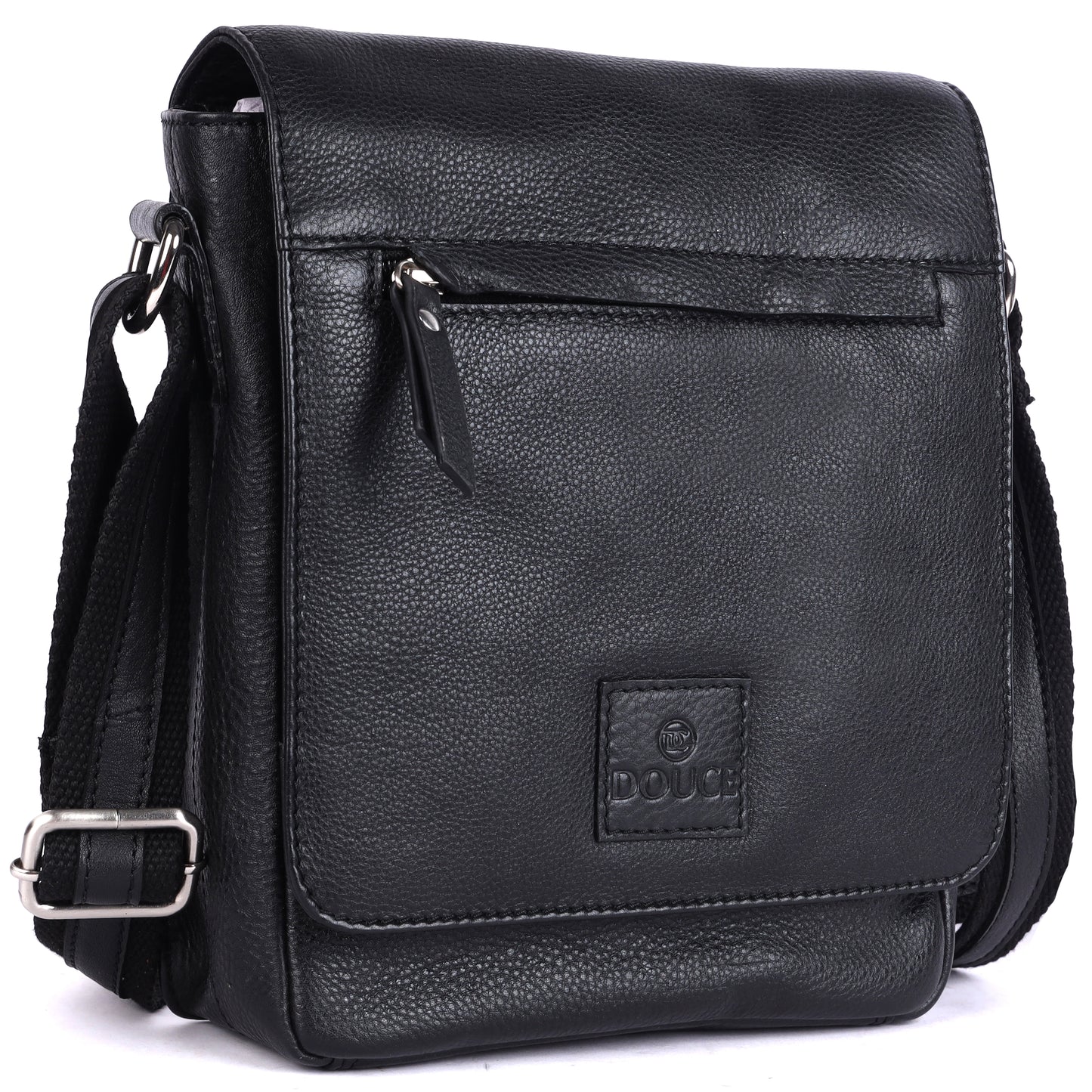 DOUCE Men’s Genuine Leather Sling Messenger Bag (Black)