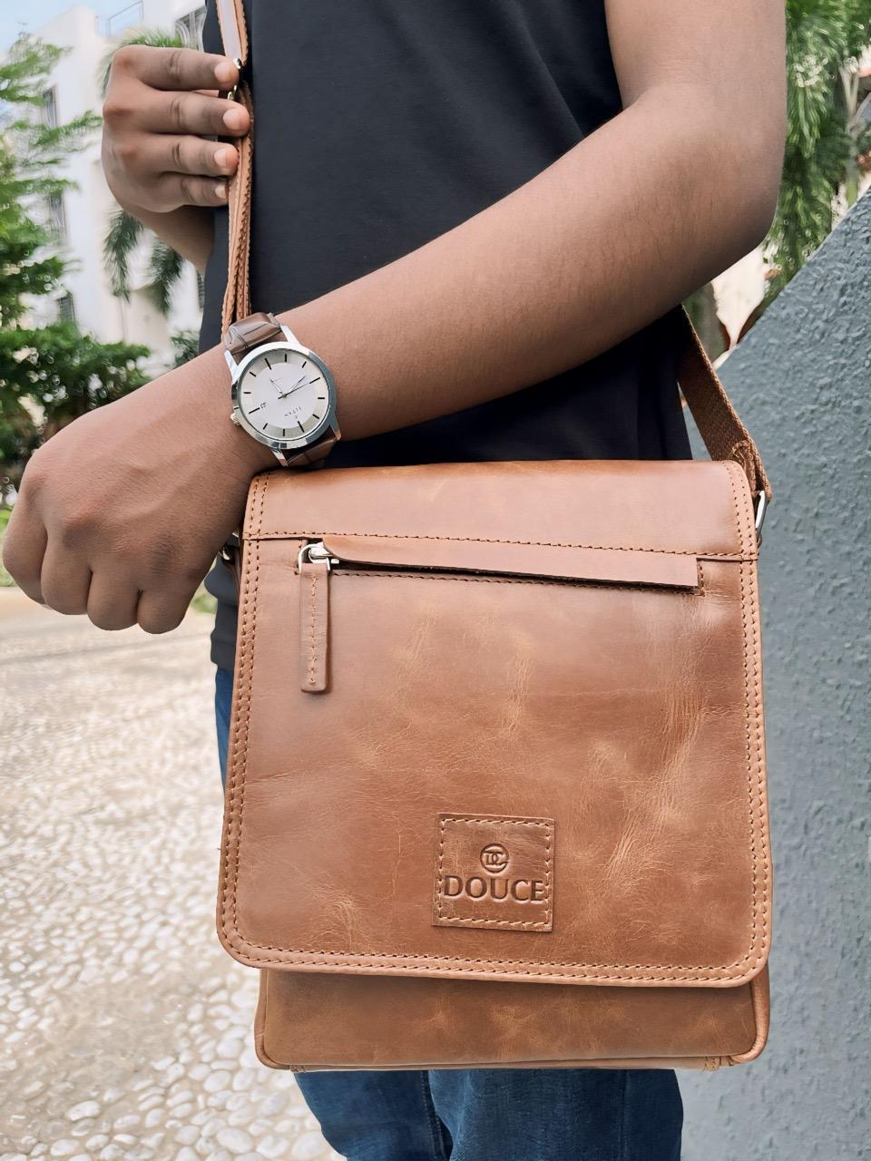 DOUCE Men’s Genuine Leather Sling Messenger Bag