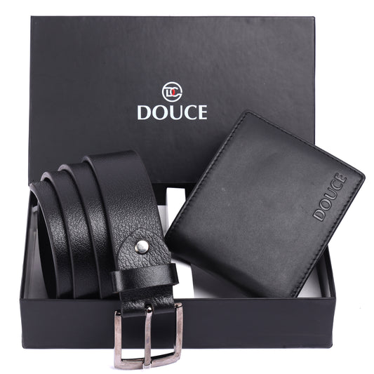 DOUCE Men's Genuine Leather Gift Set – Belt & Wallet (Black)
