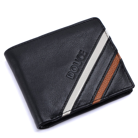 DOUCE Men's RFID Genuine Leather Wallet – Black with Tan & White Accents