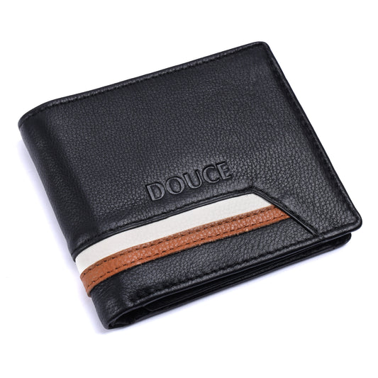DOUCE Stripe Accent RFID Leather Wallet – Black & Tan Elegance